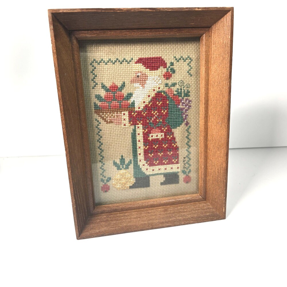 Vintage 90s Santa Needlepoint Christmas Folk Art Framed Primitive Holiday Decor